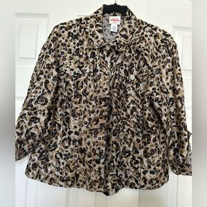 Ruby Red Leopard Print Button-Up Shirt Jacket - Brown/Black 3/4 cuff sleeves